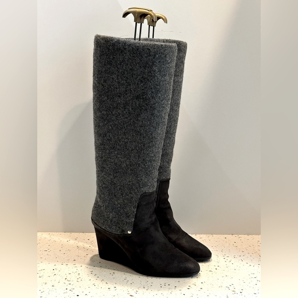 Designer Christian Dior CD‎ Gray Suede & Wool Tall Knee High Wedge Boots - Picture 2 of 16